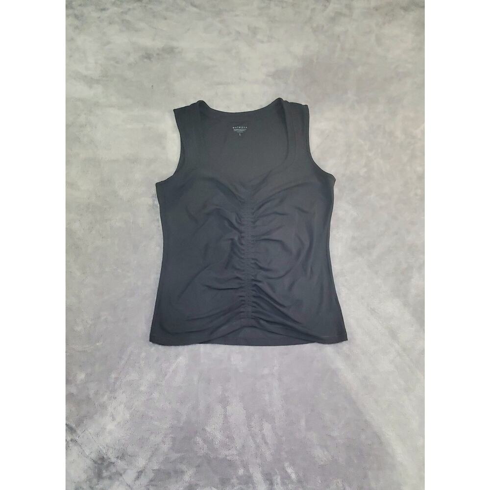 ATHLETA Sz L Black Sleeveless Sweetheart Neck Ruched Gathered Front Gym C7-25